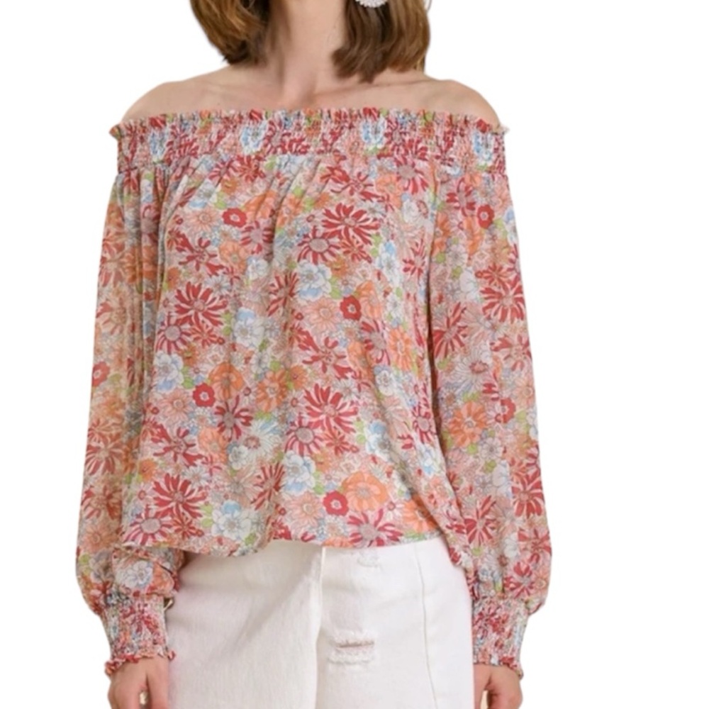 Umgee Smocked Off Shoulder Coquette Floral Blouse Long Sleeve Sz L NWT